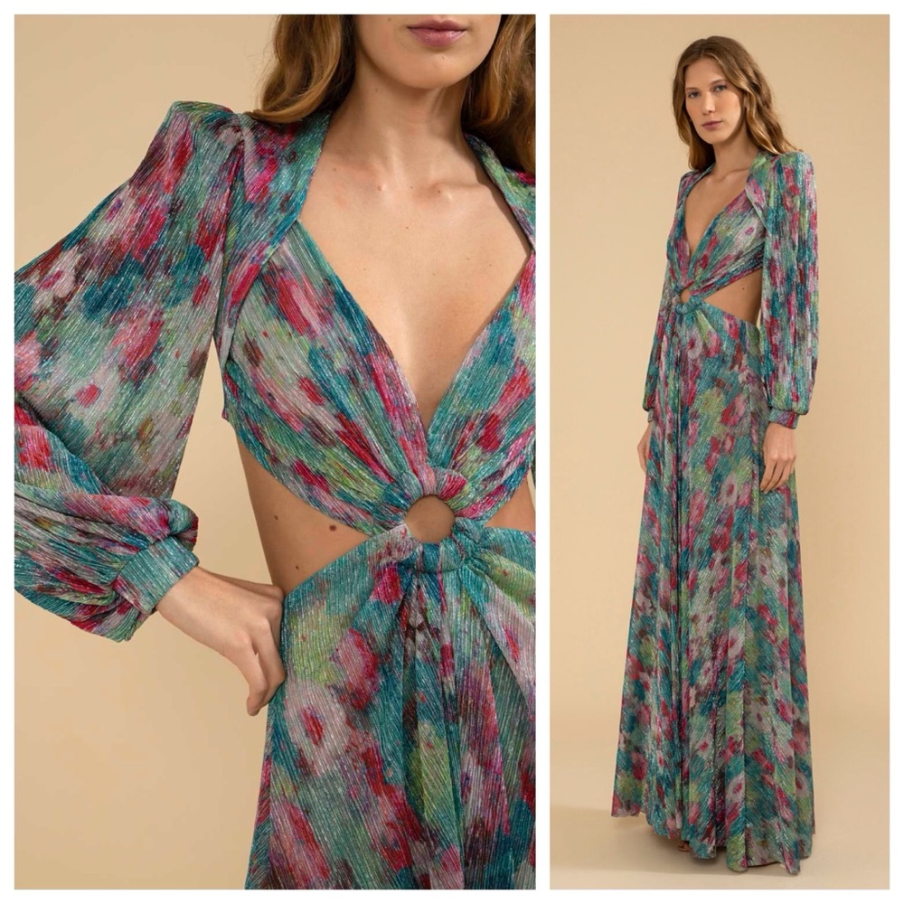 NEW PatBO Printed Lurex Cut-Out Maxi Dress (Sz 6) Long Sleeve Gown Green Multi - Picture 2 of 14